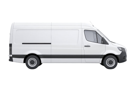 Side view of a modern white cargo van isolated on a transparent background. perfect for transportation and delivery themes.
