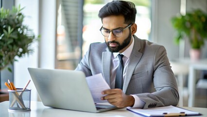Obraz premium An Indian investment advisor reviewing and analyzing financial reports and data. 