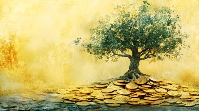 An illustration of a financial tree with leaves representing various aspects of money literacy such as budgeting saving investing and debt management Stock Photo with copy space