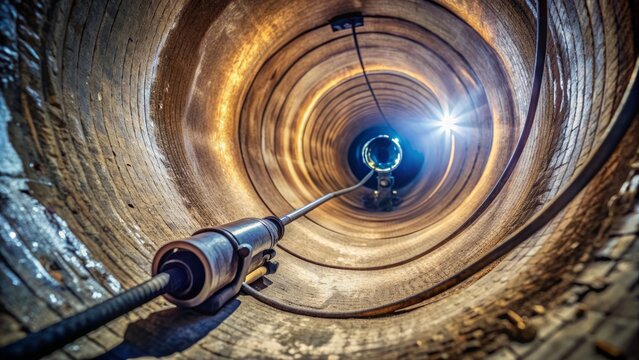 Flexible rod-mounted camera inserted into sewer pipe for underground infrastructure inspection, revealing cracked walls, debris, and corrosion in high-resolution digital clarity.