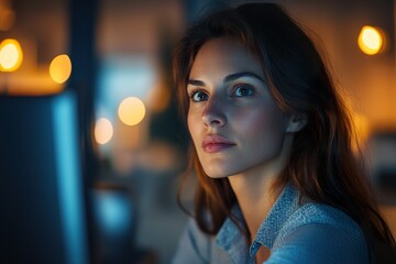 Obraz premium Late-Night Office Work Businesswoman Concentrated on Computer Screen
