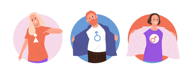 Isolated round composition set with happy people demonstrating their gender and sexual orientation