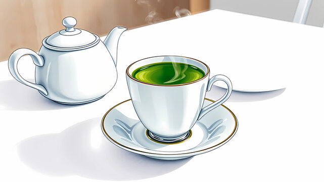 a hand drawn painting of a cup of steaming hot green tea kept on a clean table along with a teapot and a saucer. Highly detailed crisp photo in 4k, wide-angle, sharp, vibrant, vivid.