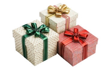 Fototapeta premium Three beautifully wrapped gifts with colorful ribbons, perfect for holiday, birthday, or any special occasion celebrations, isolated on transparent background.