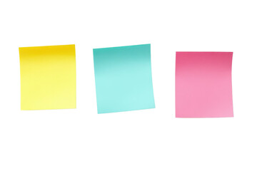 Three colorful sticky notes in yellow, blue, and pink arranged side by side on a transparent background. ideal for reminders and organizing tasks.