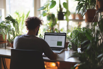 Man working on a laptop surrounded by lush indoor plants in a cozy home office. The image evokes a sense of tranquility, productivity, and the balance between nature and technology.
