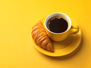 Croissant and black coffee set at yellow isolated background