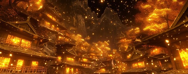 Golden Night in a Japanese Village - 3D Illustration