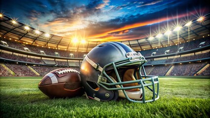 Football helmet, shoulder pads, and athletic gear scattered on grass, ready for the big game, with a blurred stadium background and vibrant colorful tones.