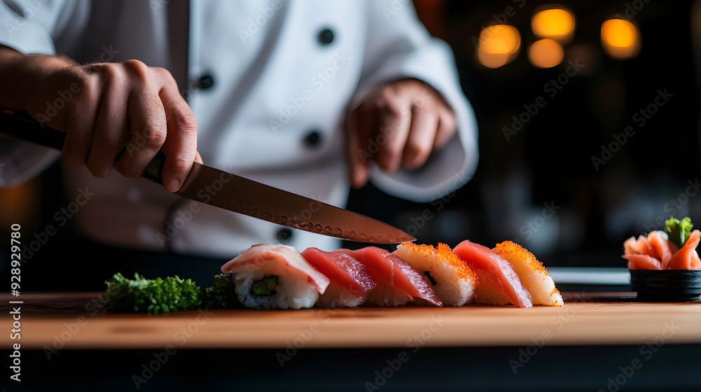 Wall mural A chef slicing fresh sashimi at a sushi bar, with a sharp knife and precision