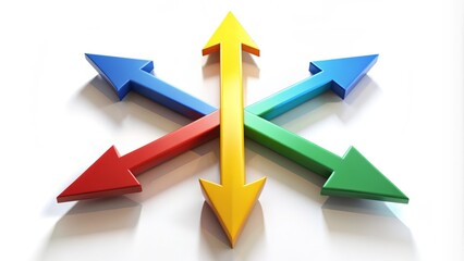 Four arrows pointing in different directions, converging at the center, symbolizing unity, diversity, and exploration, on a clean white background with subtle shadows.