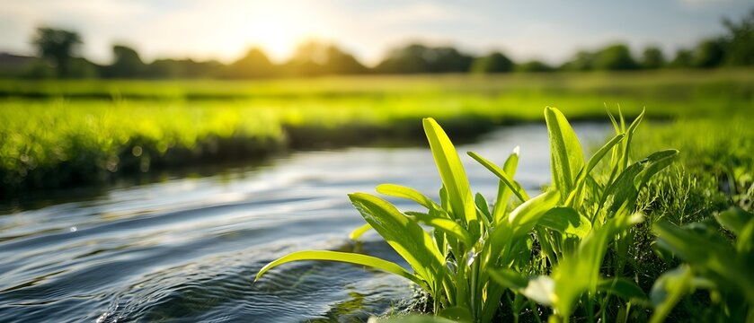 Macro shot of a waste water collection system integrated into a landscape, focusing on the filtration plants and natural wetlands for water purification and reuse