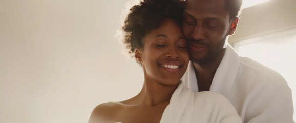 Black newlywed couple in love embracing on honeymoon, wearing spa bath robes