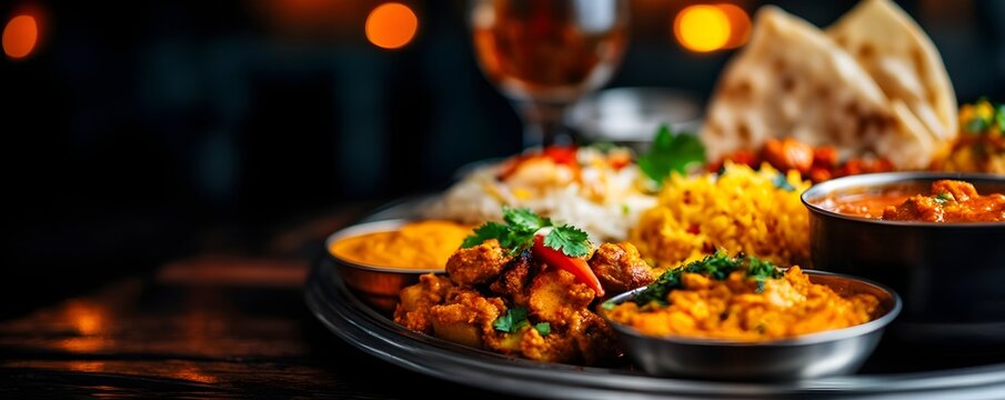 A traditional Indian thali with various dishes served on a large metal platter