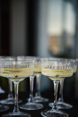 Champagne on a tray in backyard. Tray of glasses of summer sparkling wine for guests at wedding reception. Full glasses of champagne closeup.