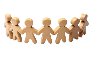 Wooden cutout figures holding hands in a circle, symbolizing unity, teamwork, and community. Ideal for concepts of togetherness and collaboration.
