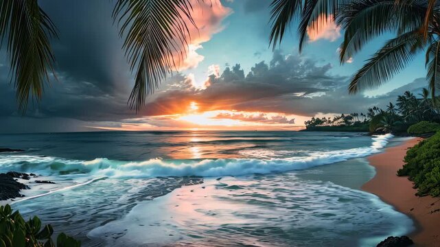 Tropical beach sunset changing with waves crashing on sand