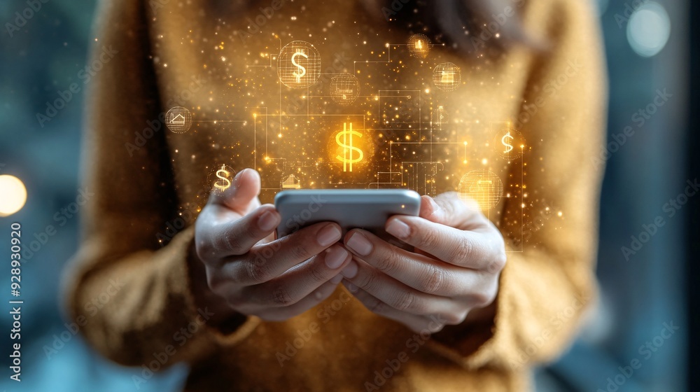 Aufkleber An infographic showing the features of digital finance tools like budgeting apps and online banking platforms with a focus on ease of use and benefits Stock Photo with copy space