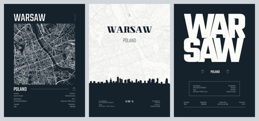 Set of travel posters with Warsaw, detailed urban street plan city map, Silhouette city skyline, vector artwork, set 2 © max_776