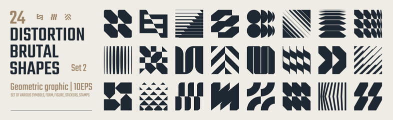 Postmodern abstract geometric graphic elements, Refraction and distortion glass effect various form, Brutalist vector shapes, trendy retro design symbols in Y2K aesthetics, vintage stickers, set 2 © max_776