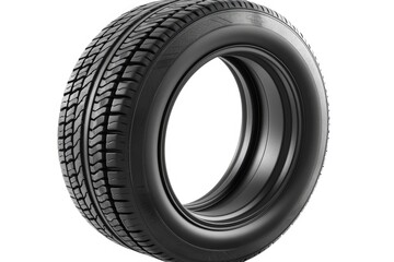 A single black tire on a plain white surface