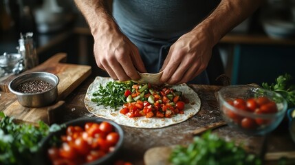 A man is preparing a wrap with vegetables on a wooden table. The table is filled with various bowls and spoons, and there are several tomatoes scattered around