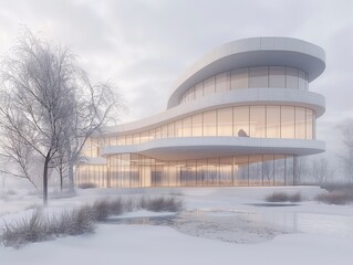 Obraz premium Modern white building with large windows in a snowy landscape.