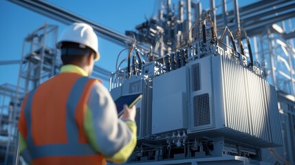 Engineer Analyzing a Transformer in an Industrial Setting