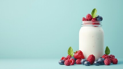 Organic yogurt, in glass jar with berries, 3D illustration