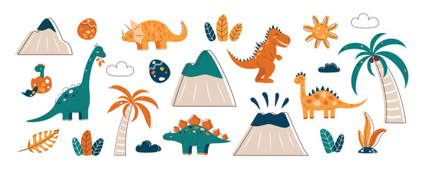 Cute Dinosaur Kids Style Set. Collection of dinosaurs and natural objects for design. Green and orange shades. Flat vector illustration. © plaksik13