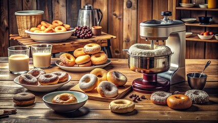 Freshly baked donuts on a wooden countertop surrounded by utensils and mixing bowls, with a...