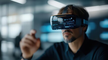 A man wearing virtual reality goggles interacts with digital interfaces in a modern tech environment.