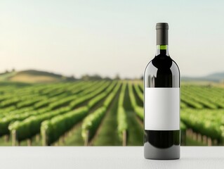 Fototapeta premium Organic wine bottle, with vineyard background, 3D illustration