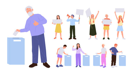 People cartoon characters set holding banners and placards, throwing voting paper into election box