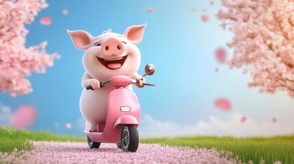 Fototapeta premium Happy Pig Riding a Scooter in a Blooming Garden