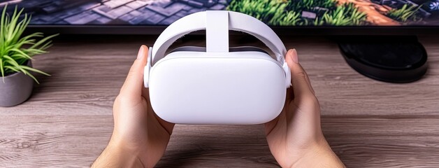 A user explores a digital twin in virtual reality while seated at a desk with an ultrawide monitor in a minimalistic workspace