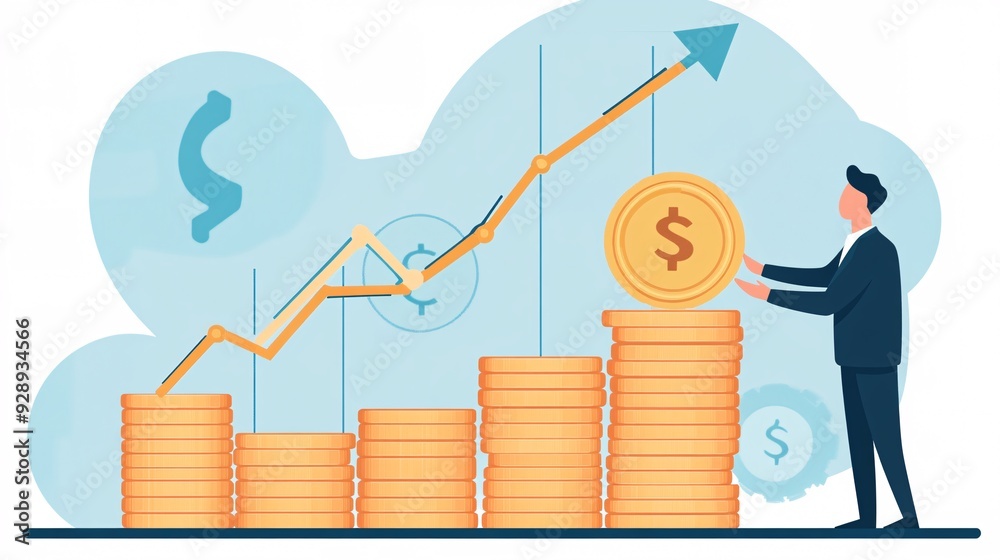 Poster A step-by-step illustration showing how to build wealth over time starting with budgeting and saving moving to investing and finally achieving financial independence Stock Photo with copy space