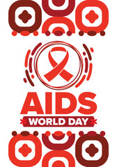 World Aids Day. Red ribbon symbol. Awareness and prevention hiv. Medical healthcare concept. Human support and protection. Celebrated annual in December 1. Poster, banner and background. Vector