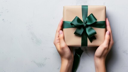Giht box with green ribbon with hands top view background illustration generated by ai