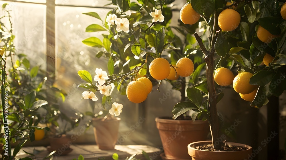 Wall mural sunlit citrus tree blossoms in lush conservatory ambiance