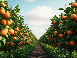 Organic orchard, trees full of various fruits, 3D illustration