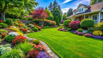 Obraz premium Freshly mowed and edged lawn with vibrant green grass and neatly trimmed hedges surrounded by blooming flowers and colorful garden decor.