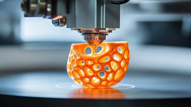 A 3D printer is building a detailed orange model in a modern lab environment