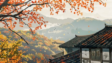Fototapeta premium Autumn leaves fall on a traditional Asian house with a view of misty mountains.