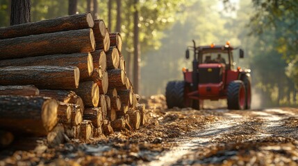Save forest. Save nature. Logs are stacked in a forest with a tractor in the background