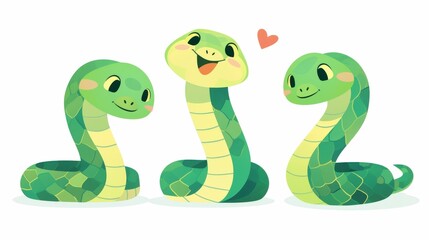 Fototapeta premium Three green cartoon snakes with hearts are smiling at each other, one snake is sticking its tongue out.