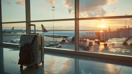 Suitcase, travel bag in airport. Airplane outside window. Travel background illustration generated by ai