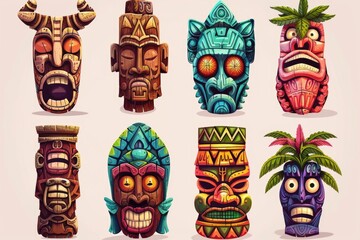 A collection of cartoon tiki statues with unique facial expressions, perfect for use in illustrations or designs where a playful and quirky atmosphere is needed