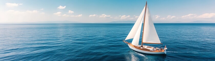Fototapeta premium Sailboat sailing on a calm blue ocean with a clear sky.