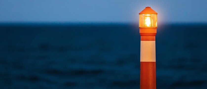 Red and white buoy with light shining on a blue water background.